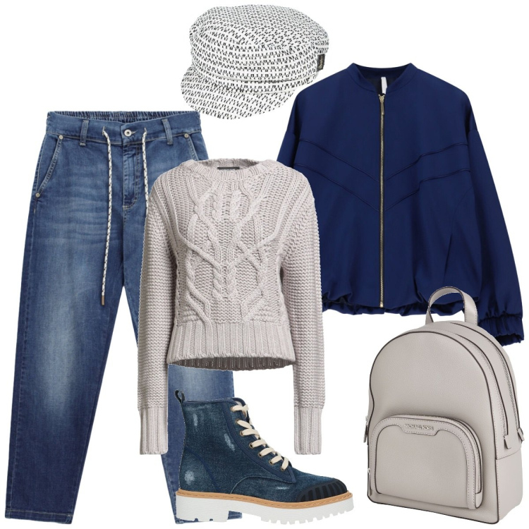 Outfit donna - Pomeriggio. Stile Basic per Serata fuori. Abbinamento con bomber, jeans, stivaletti, cappelli con visiera, pullovers, zaini.