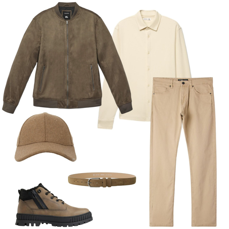 Outfit uomo - Tonalità autunnali. Stile Casual per Tutti i giorni. Abbinamento con cinture, giacche, pantaloni, camicie, cappelli con visiera, stivali e stivaletti.