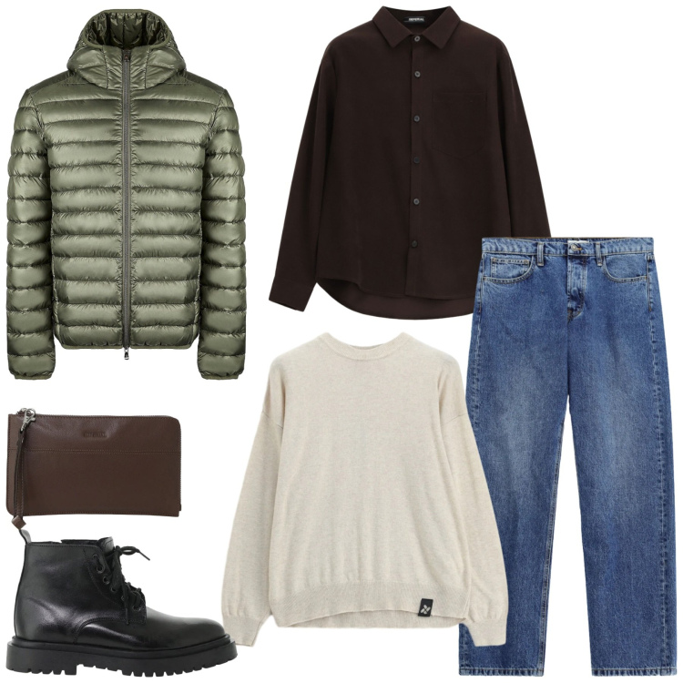 Outfit uomo - Total look #2492438. Stile Urban per Ufficio. Abbinamento con maglieria, anfibi, jeans, portafogli, camicie, giacche.