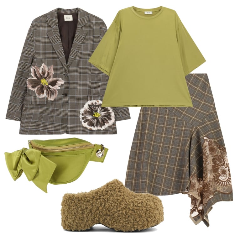 Outfit donna - Total look #2492440. Stile Preppy per Tutti i giorni. Abbinamento con gonne longuette, t-shirt, blazer, marsupi, zoccoli.