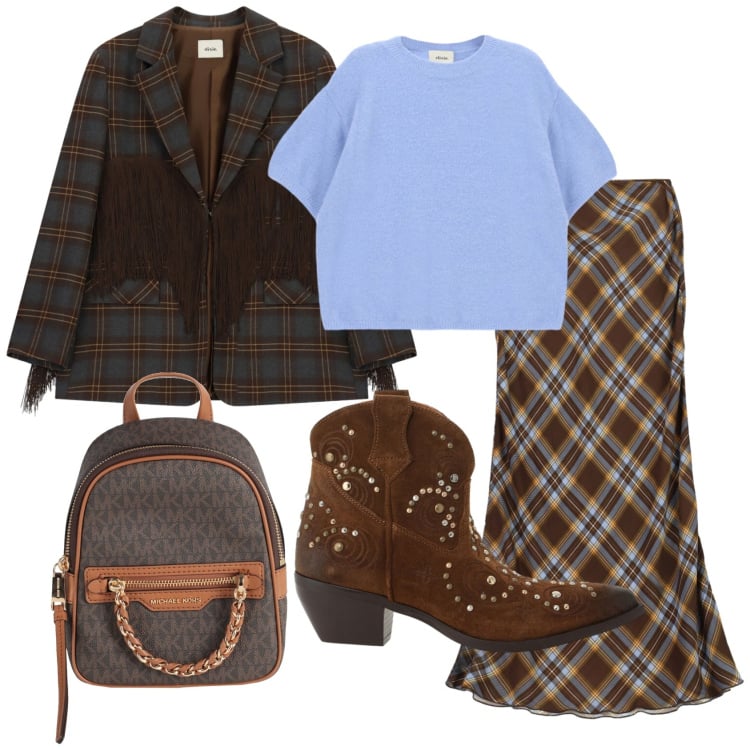 Outfit donna - Total look #2492441. Stile Preppy per Ufficio. Abbinamento con stivaletti texani, gonne lunghe, blazer, maglieria, zaini.