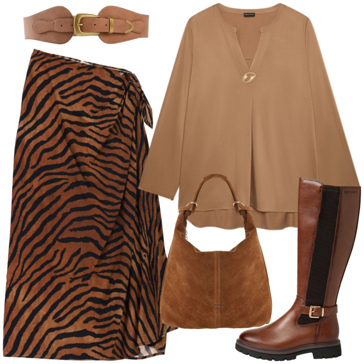 Outfit donna - Monocolore. Stile Casual chic per Tutti i giorni. Abbinamento con borse a spalla, bluse, gonne longuette, cinture, stivali.