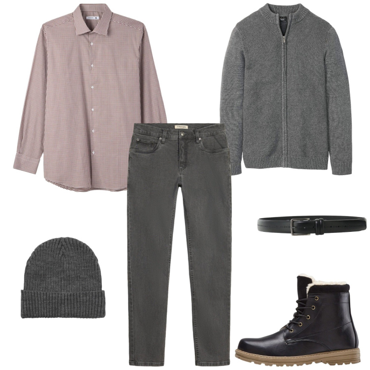 Outfit uomo - Il cardigan grigio. Stile Urban per Ufficio. Abbinamento con cinture, berretti, camicie, jeans slim fit, cardigans, stivali e stivaletti.