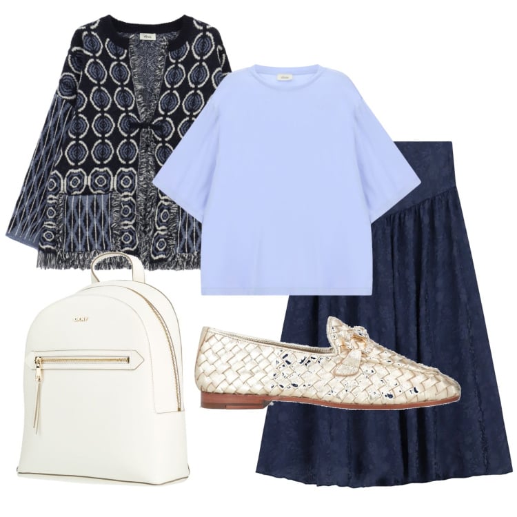 Outfit donna - Total look #2492446. Stile Boho per Ufficio. Abbinamento con t-shirt, cardigans, gonne lunghe, zaini, mocassini.