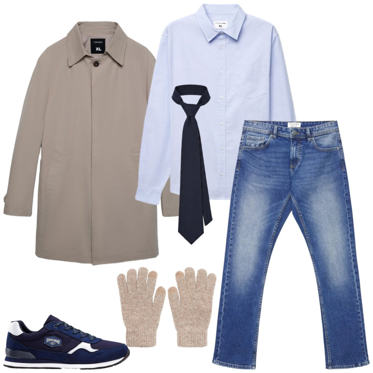 Outfit uomo - Il trench. Stile Urban per Ufficio. Abbinamento con cravatte, trench, jeans, camicie, guanti, sneakers.