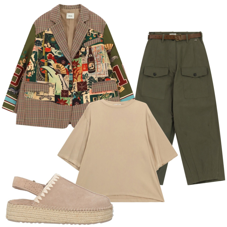 Outfit donna - Total look #2492451. Stile Trendy per Tutti i giorni. Abbinamento con blazer, t-shirt, pantaloni a palazzo, espadrillas.