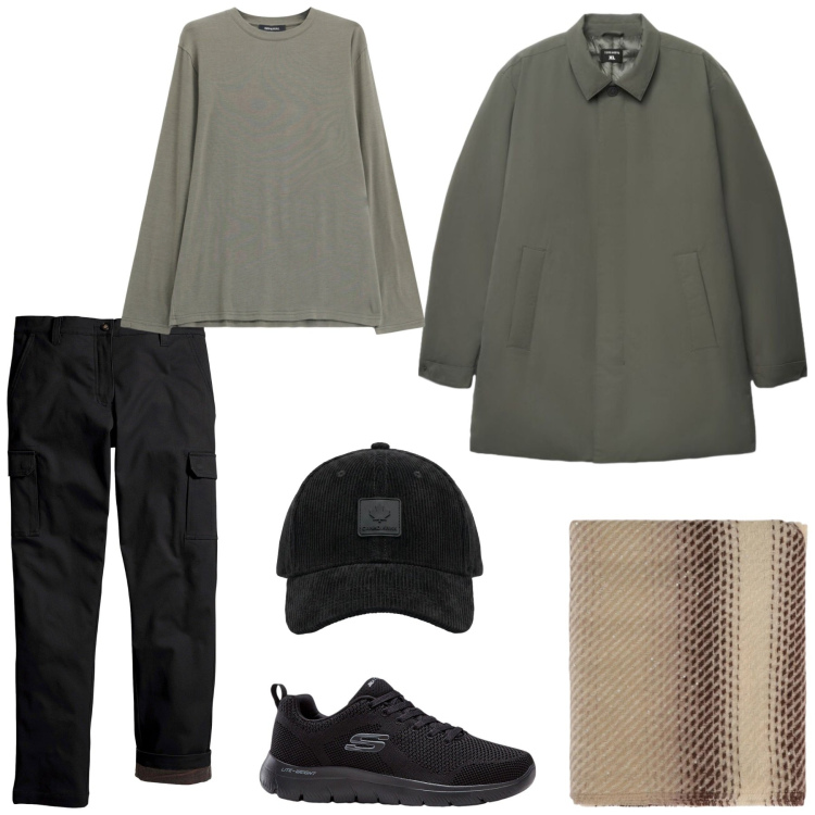 Outfit uomo - Il trench. Stile Casual per Tutti i giorni. Abbinamento con t-shirt, sciarpe, cappelli con visiera, trench, pantaloni cargo, sneakers.