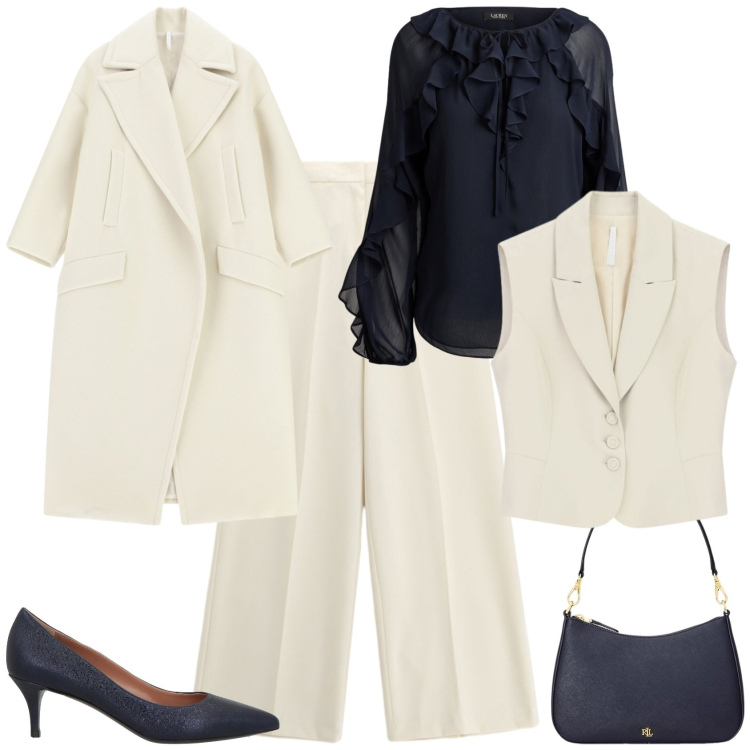 Outfit donna - Chic ufficio cerimonia tempo libero. Stile Chic per Cerimonia. Abbinamento con cappotti, gilet, pantaloni a palazzo, bluse, borse a spalla, décolleté.