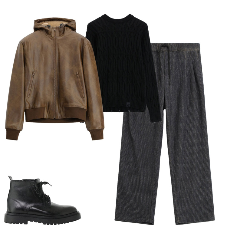 Outfit uomo - Elementi materici. Stile Trendy per Tutti i giorni. Abbinamento con anfibi, bomber, pantaloni, maglieria.