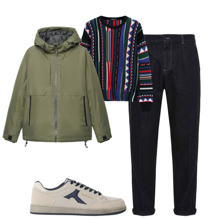 Outfit uomo - City. Stile Urban per Tutti i giorni. Abbinamento con maglieria, sneakers, jeans, giacche.