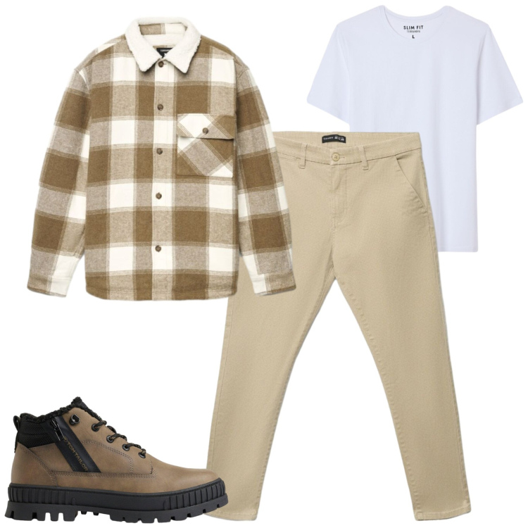 Outfit uomo - Ottobre. Stile Casual per Tutti i giorni. Abbinamento con pantaloni chino, t-shirt, cappotti, stivali e stivaletti.