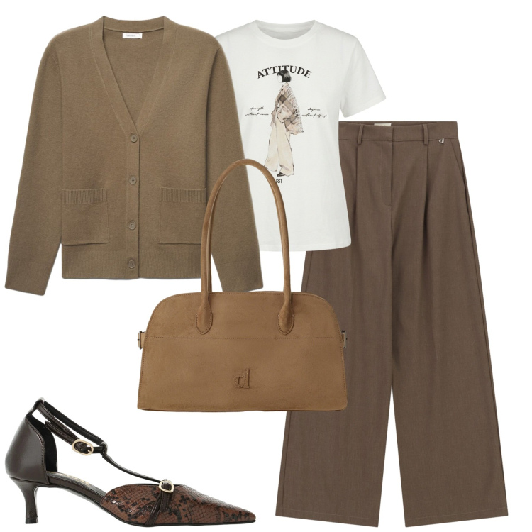 Outfit donna - In ufficio. Stile Trendy per Ufficio. Abbinamento con décolleté, t-shirt, borse a spalla, pantaloni a palazzo, cardigans.