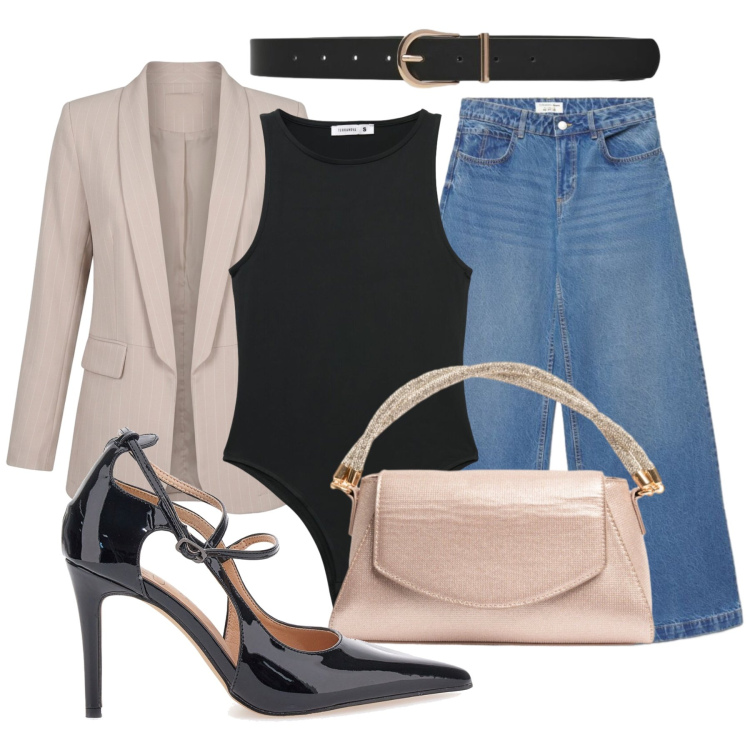 Outfit donna - La Capsule Wardrobe. Stile Glamour per Tutti i giorni. Abbinamento con blazer, pochette, jeans, top, cinture, décolleté.