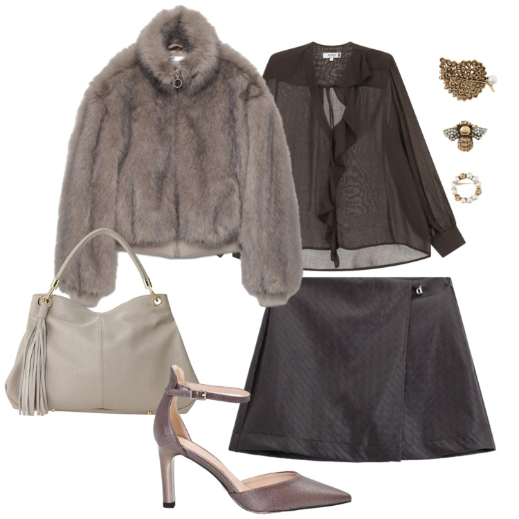 Outfit donna - Aperitivo. Stile Casual chic per Serata fuori. Abbinamento con borse a spalla, accessori per capelli, bluse, décolleté, minigonne, bomber.