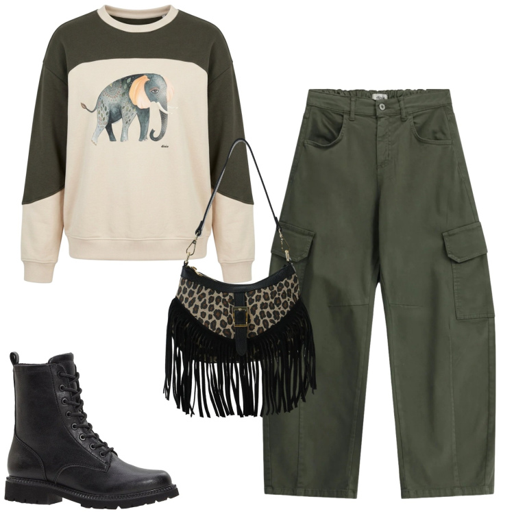 Outfit donna - Fall. Stile Urban per Tutti i giorni. Abbinamento con borse a spalla, pantaloni cargo, felpe, stivaletti.