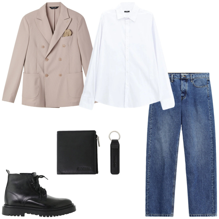 Outfit uomo - In ufficio. Stile Urban per Ufficio. Abbinamento con anfibi, camicie, jeans, portafogli, giacche.
