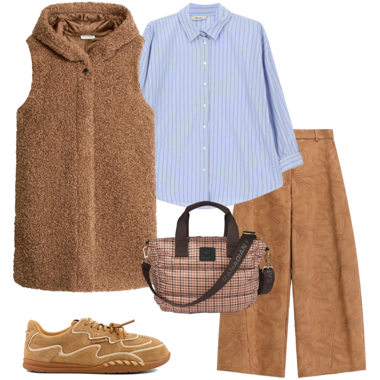 Outfit donna - Gilet Teddy. Stile Casual per Tutti i giorni. Abbinamento con pantaloni a palazzo, camicie, borse tote, sneakers, gilet.
