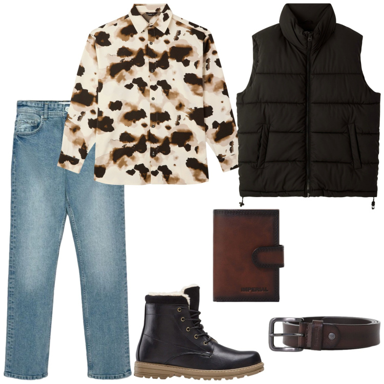 Outfit uomo - A cena con gli amici. Stile Casual per Serata speciale. Abbinamento con cinture, portafogli, piumini, camicie, jeans dritti, stivali e stivaletti.