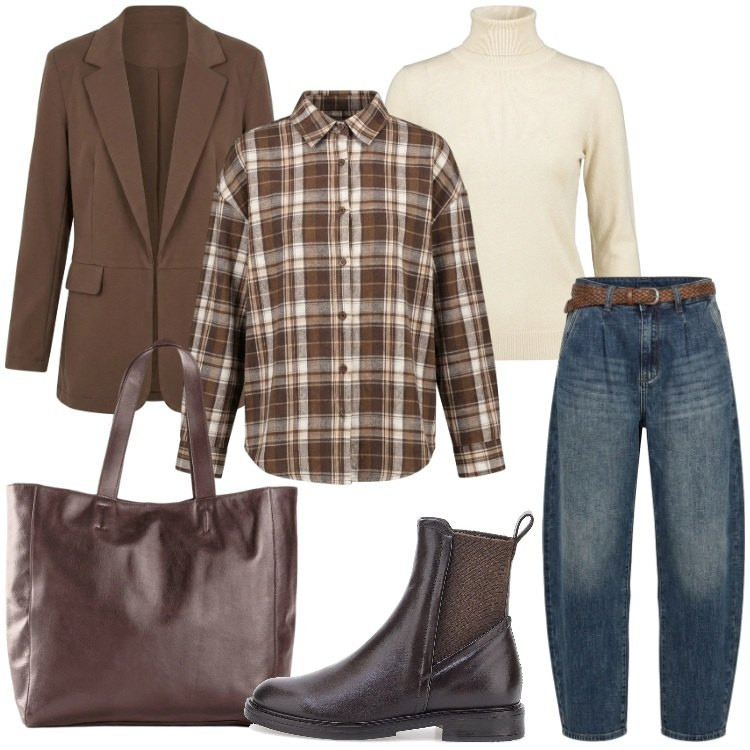 Outfit donna - Smart Layering Strategy. Stile Trendy per Tutti i giorni. Abbinamento con jeans, blazer, camicie, pullovers, stivaletti chelsea, shopping bag.