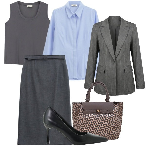 Outfit donna - Smart Layering Strategy. Stile Chic per Ufficio. Abbinamento con gonne longuette, décolleté, camicie, canottiere, blazer, borse a mano.