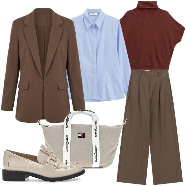 Outfit donna - Smart Layering Strategy. Stile Mannish per Ufficio. Abbinamento con pullovers, pantaloni a palazzo, camicie, blazer, mocassini, shopping bag.