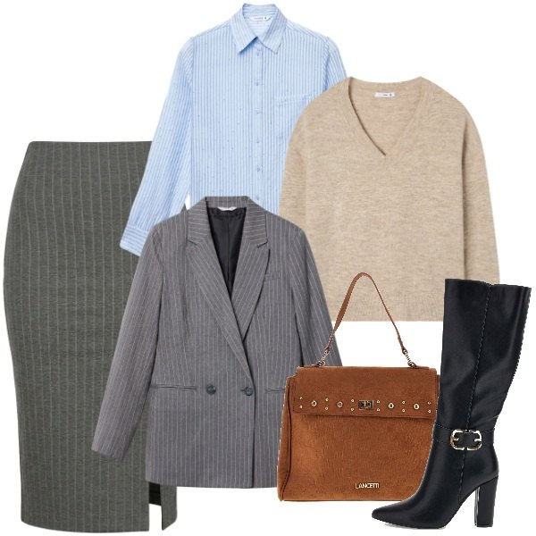 Outfit donna - Smart Layering Strategy. Stile Basic per Ufficio. Abbinamento con gonne longuette, maglieria, camicie, blazer, stivali, borse a mano.