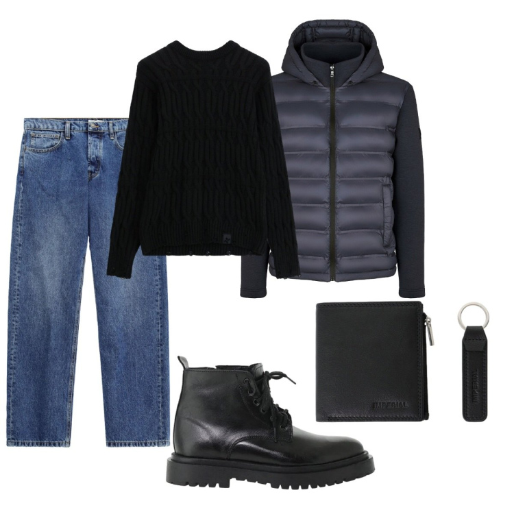 Outfit uomo - Total look #2492489. Stile Trendy per Tutti i giorni. Abbinamento con anfibi, jeans, maglieria, portafogli, piumini.
