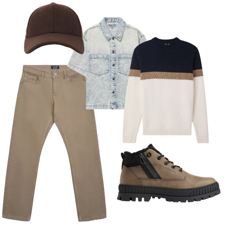 Outfit uomo - Total look #2492494. Stile Casual per Tutti i giorni. Abbinamento con jeans, maglieria, camicie a manica corta, cappelli con visiera, stivali e stivaletti.