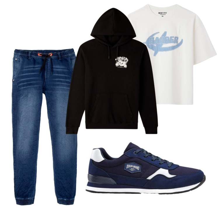 Outfit uomo - Total look #2492495. Stile Casual per Tutti i giorni. Abbinamento con felpe con cappuccio, t-shirt, sneakers, jeans dritti.