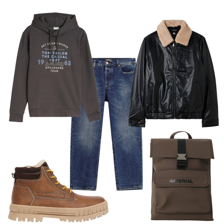 Outfit uomo - Total look. Stile Casual per Tutti i giorni. Abbinamento con borse sportive, jeans dritti, bomber, stivali e stivaletti, felpe con cappuccio.