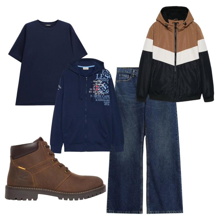 Outfit uomo - Total look #2492503. Stile Casual per Tutti i giorni. Abbinamento con jeans, t-shirt, giacche, felpe con cappuccio, stivali e stivaletti.