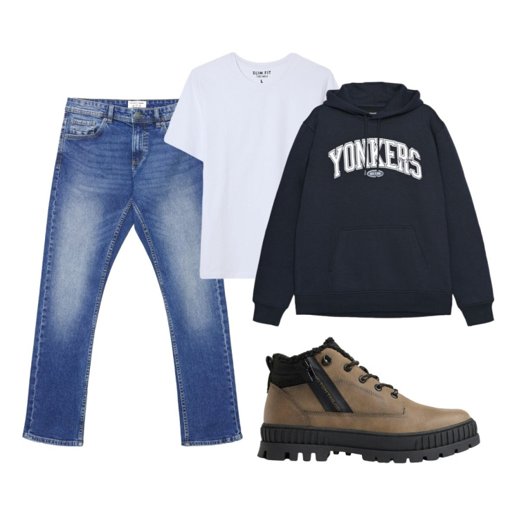 Outfit uomo - Total look #2492505. Stile Casual per Tutti i giorni. Abbinamento con jeans, t-shirt, felpe con cappuccio, stivali e stivaletti.