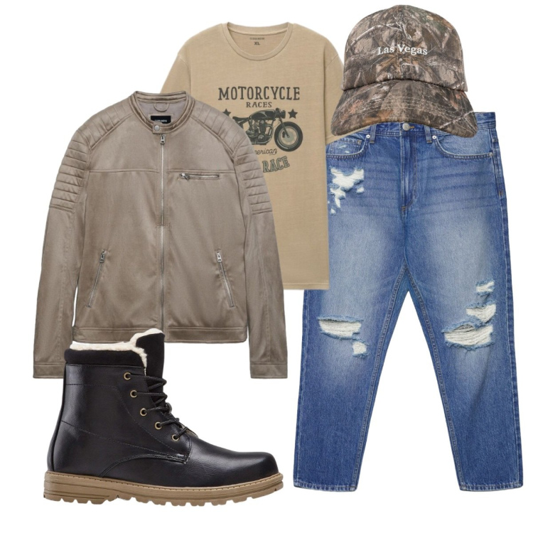 Outfit uomo - Total look #2492506. Stile Urban per Tutti i giorni. Abbinamento con giacche, jeans strappati, cappelli con visiera, t-shirt, stivali e stivaletti.
