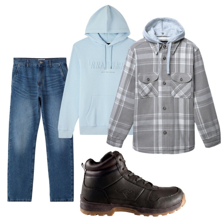 Outfit uomo - Total look #2492508. Stile Casual per Tutti i giorni. Abbinamento con felpe con cappuccio, cappotti, jeans dritti, stivali e stivaletti.