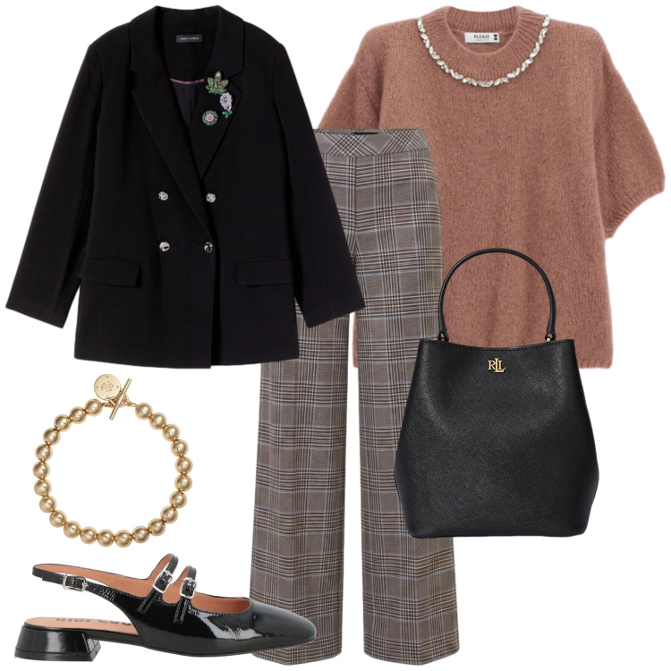 Outfit donna - Total look #2492511. Stile Casual chic per Tutti i giorni. Abbinamento con blazer, maglieria, braccialetti, borse a secchiello, pantaloni, ballerine.