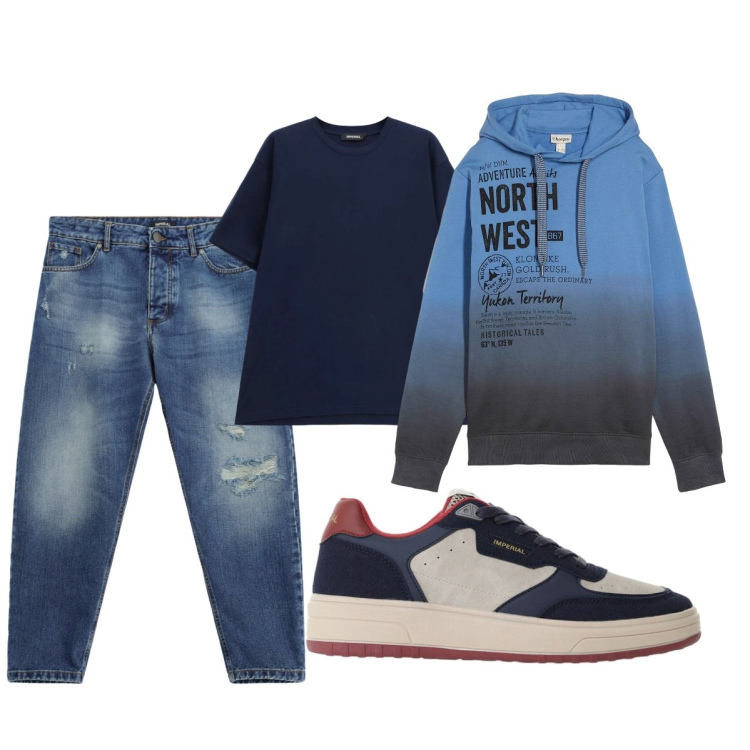 Outfit uomo - Total look #2492516. Stile Casual per Tutti i giorni. Abbinamento con jeans strappati, sneakers, t-shirt, felpe con cappuccio.