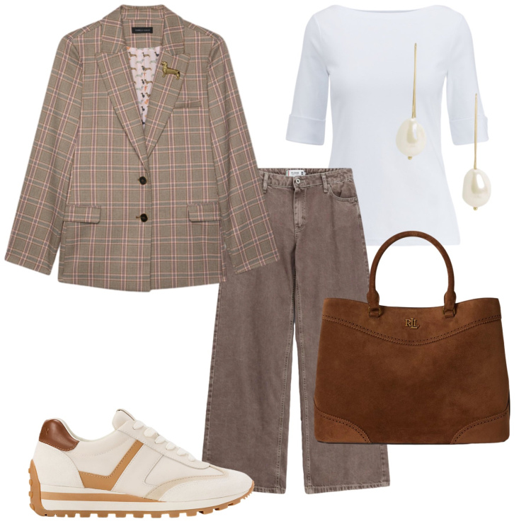 Outfit donna - Total look #2492517. Stile Chic per Ufficio. Abbinamento con blazer, borse a mano, sneakers, t-shirt, orecchini, jeans dritti.