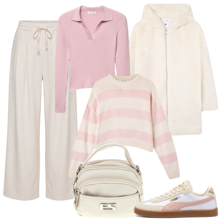 Outfit donna - Fall Mid Season Sale: Panna e rosa. Stile Urban per Tutti i giorni. Abbinamento con maglieria, cappotti, maglieria, pantaloni, sneakers, borse a tracolla.