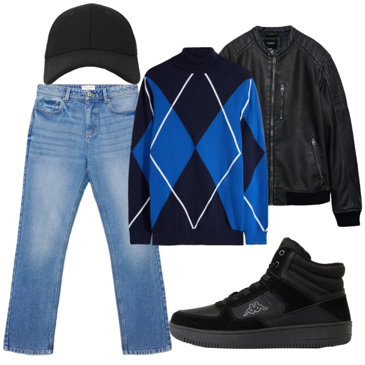 Outfit uomo - Total look #2492521. Stile Trendy per Tutti i giorni. Abbinamento con giacche, jeans dritti, cappelli con visiera, sneakers alte, maglieria.