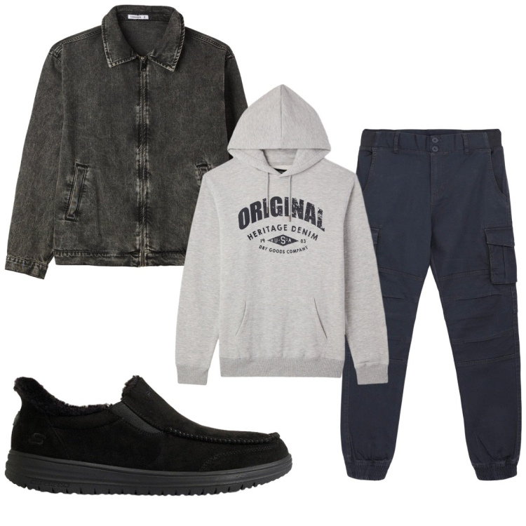 Outfit uomo - Total look #2492522. Stile Casual per Tutti i giorni. Abbinamento con pantaloni cargo, cappotti, felpe con cappuccio, sneakers.