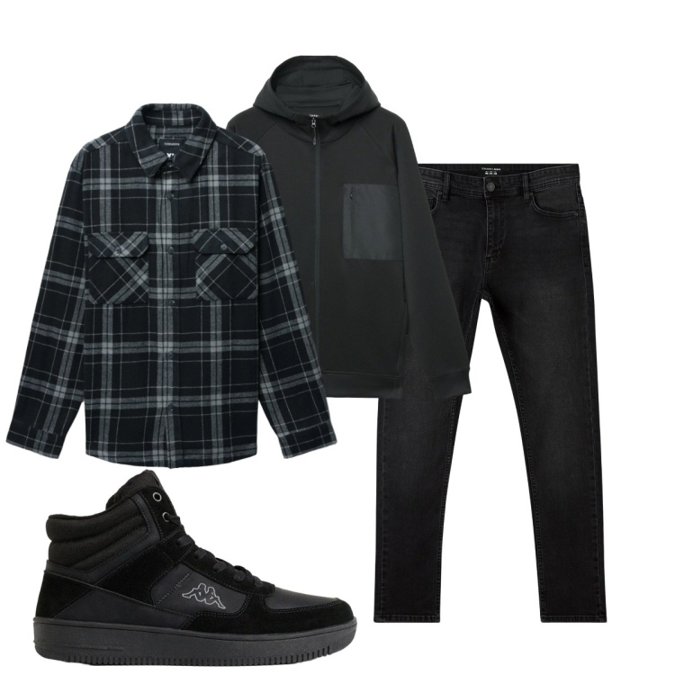 Outfit uomo - Total look #2492525. Stile Casual per Tutti i giorni. Abbinamento con jeans skinny, cappotti, felpe con cappuccio, sneakers alte.