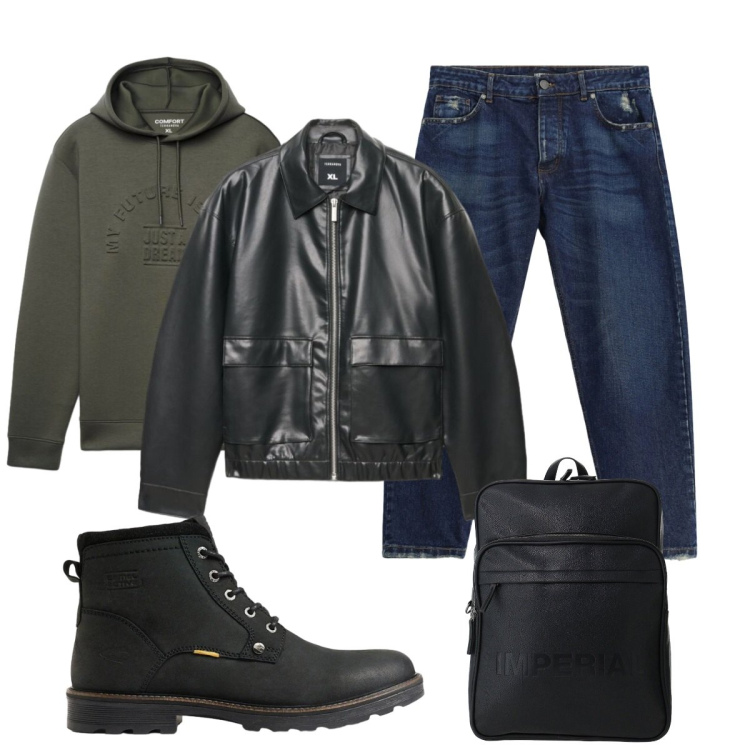 Outfit uomo - Total look #2492526. Stile Trendy per Tutti i giorni. Abbinamento con jeans, borse sportive, giacche, felpe con cappuccio, stivali e stivaletti.
