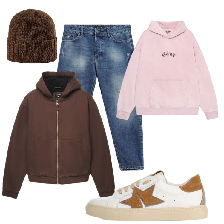 Outfit uomo - Total look #2492527. Stile Casual per Tutti i giorni. Abbinamento con jeans strappati, sneakers, berretti, felpe con cappuccio, giacche.