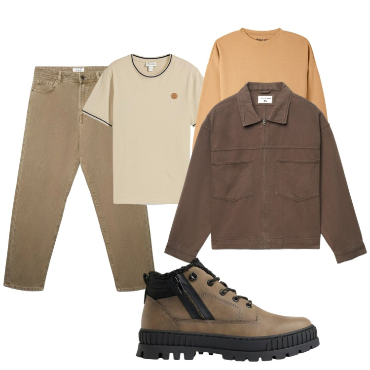 Outfit uomo - Tono su tono. Stile Casual per Tutti i giorni. Abbinamento con felpe, jeans, cappotti, t-shirt, stivali e stivaletti.