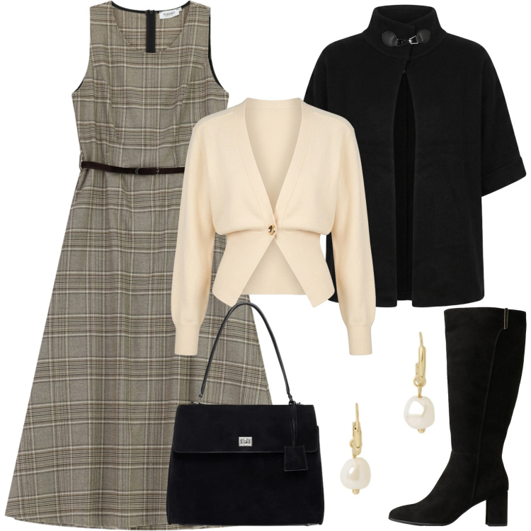 Outfit donna - Versatilità da mattina a sera. Stile Bon Ton per Serata fuori. Abbinamento con borse a mano, orecchini, vestiti midi/longuette, cardigans, cappe, stivali.
