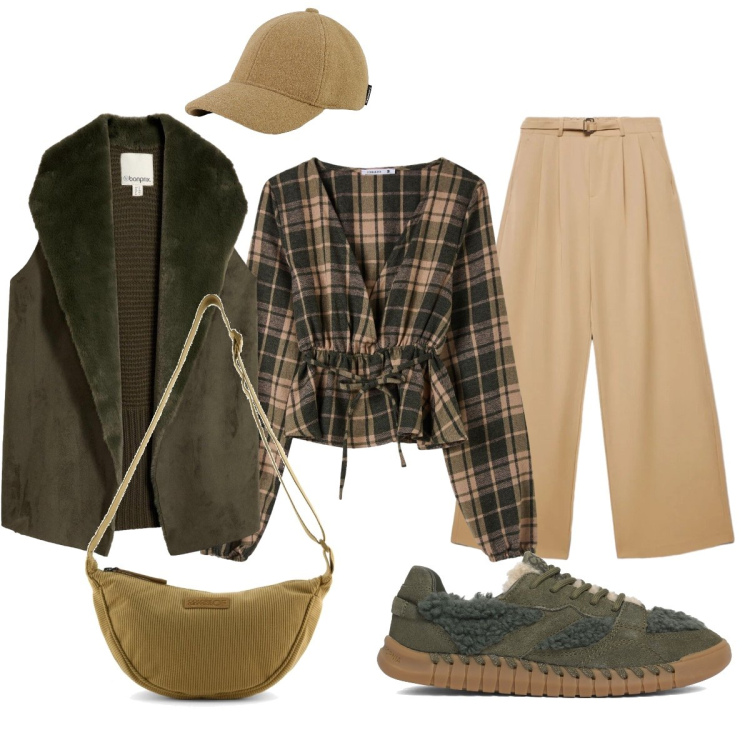 Outfit donna - Stile British country chic. Stile Casual chic per Tutti i giorni. Abbinamento con cappelli con visiera, pantaloni a palazzo, camicie, piumini, sneakers, borse a tracolla.