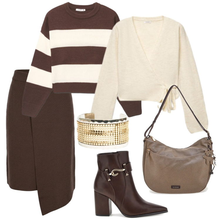Outfit donna - Resta in cardigan la sera. per Serata fuori. Abbinamento con gonne, braccialetti, maglieria, cardigans, stivaletti, borse a spalla.