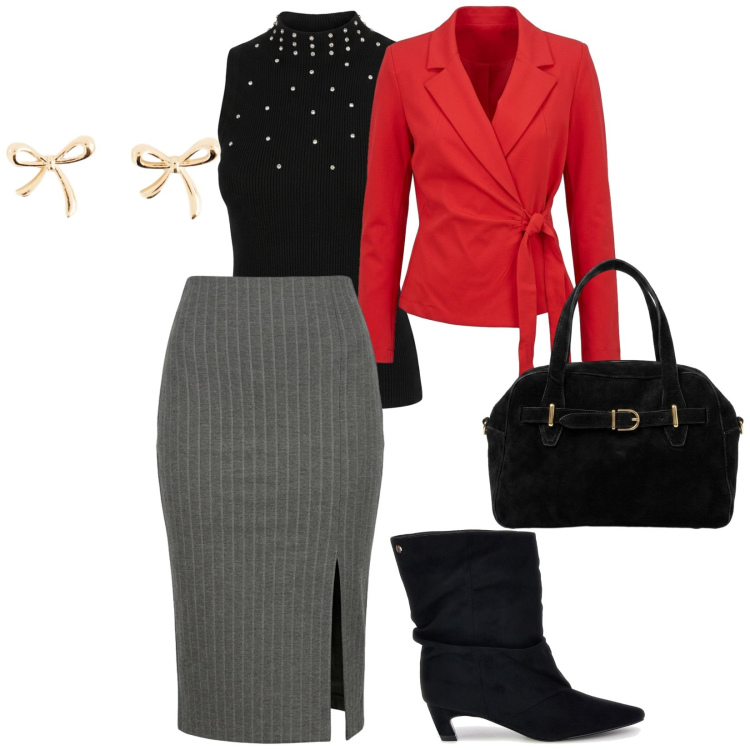 Outfit donna - Grigio e sei smart. per Ufficio. Abbinamento con gonne longuette, blazer, borse a mano, top, orecchini, stivaletti.