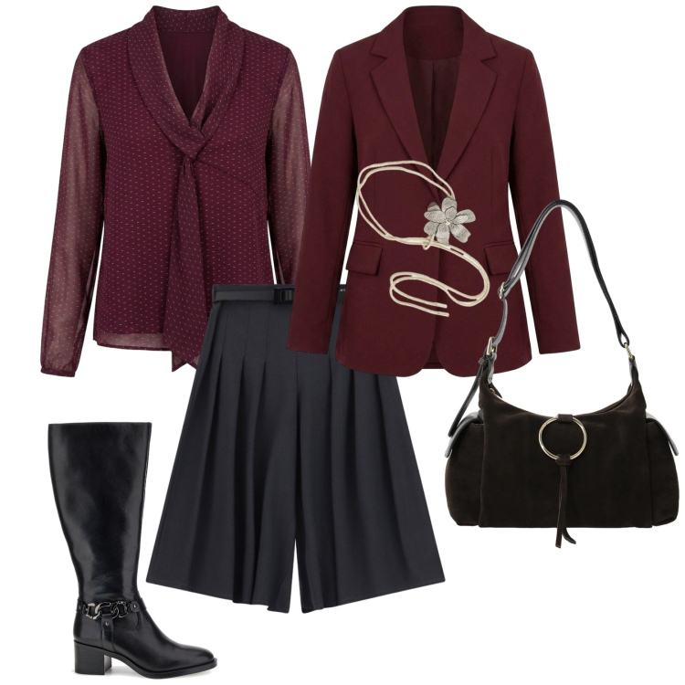 Outfit donna - Per un drink serale. per Serata fuori. Abbinamento con borse a spalla, pantaloni culotte, bluse, blazer, cinture, stivali.