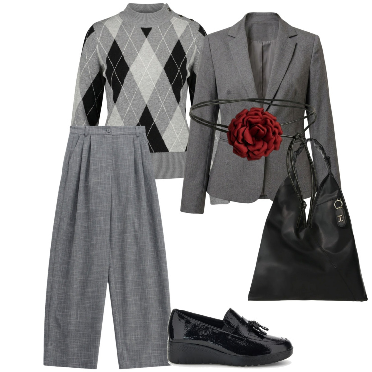 Outfit donna - In ufficio e poi aperitivo. per Tutti i giorni. Abbinamento con pantaloni a palazzo, borse a spalla, pullovers, cinture, blazer, mocassini.